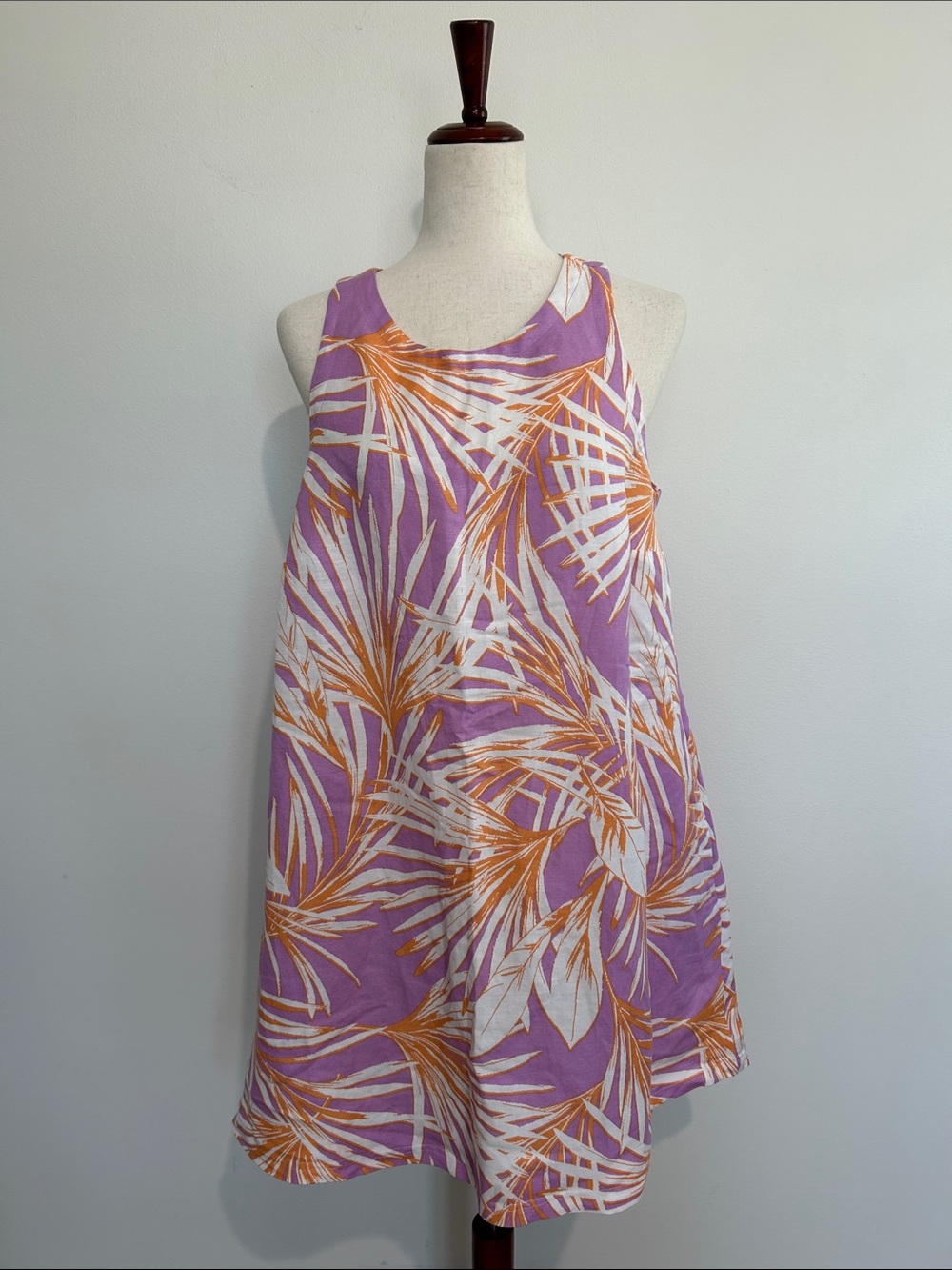 LOFT Purple Linen Blend Tropical Print A-Line Dress Size Medium EUC